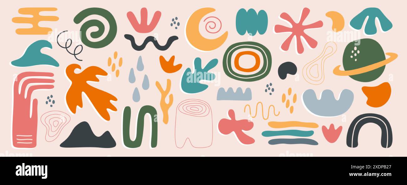 Set vettoriale di forme geometriche astratte, linee e forme naturali. Collezione di semplici figure di base disegnate a mano, elementi di design organici matisse. Icone a mano libera per bambini, oggetti a forma libera per scarabocchi Illustrazione Vettoriale