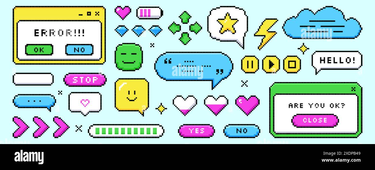 Set di finestre di dialogo pixel di forme diverse. Bolle vocali, pulsanti, frame di messaggi, livello di carica della batteria ed errore in stile retrò a 8 bit. Frecce pixelate, cuori d'amore e icone delle risorse di gioco. Illustrazione Vettoriale