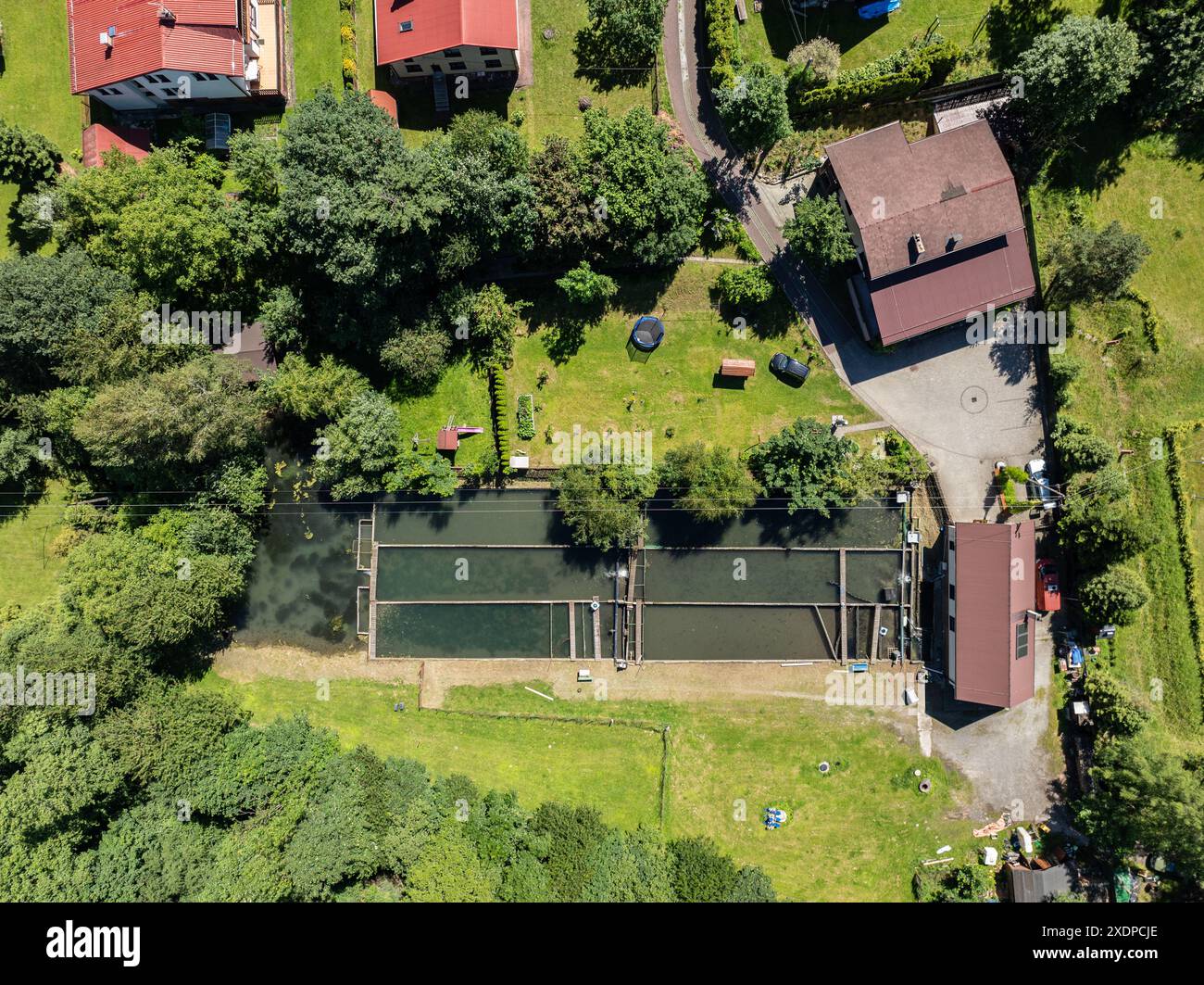 Vista dai droni sulle montagne di Beskid, Blatnia. Foresta verde estiva a Blatnia. Le montagne di Beskid a Jaworze. I droni volano sopra le verdi montagne in estate. Polis Foto Stock