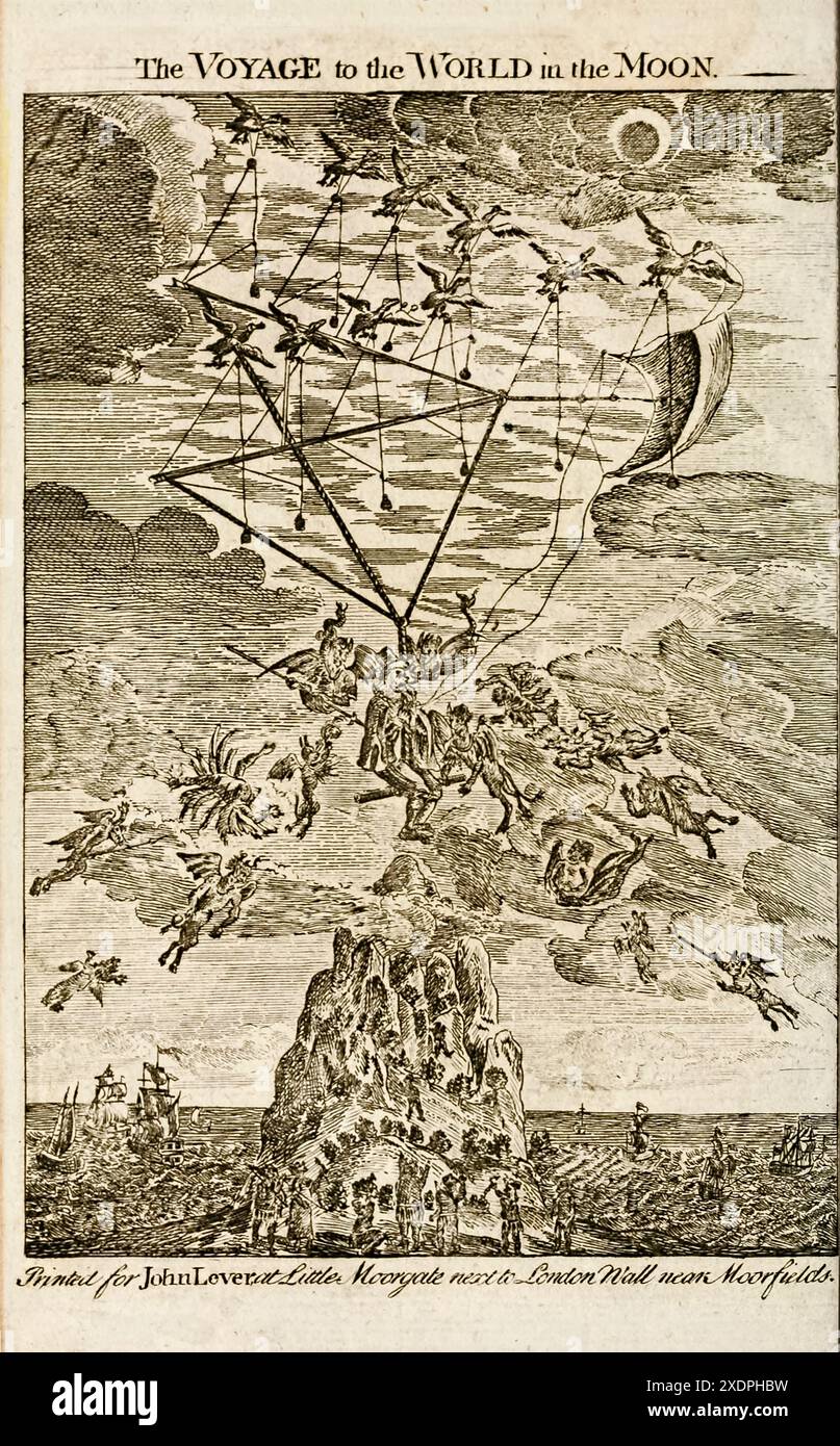 Il frontespizio di The Voyage to the World in the Moon da The Strange Voyage and Adventures of Domingo Gonsales, to the World in the Moon di Francis Godwin (1562-1633). Pubblicato per la prima volta nel 1638 con il titolo "The Man in the Moone" sotto lo pseudonimo di Domingo Gonsales. L'incisione mostra Gonsales che si allontana dall'isola di Sant'Elena; la sua macchina volante alimentata dai cigni e circondata dalle apparizioni e dai diavoli che ha incontrato durante il suo viaggio verso la luna. Fotografia tratta da una seconda edizione del 1768 pubblicata da John Lever, Londra. Foto Stock