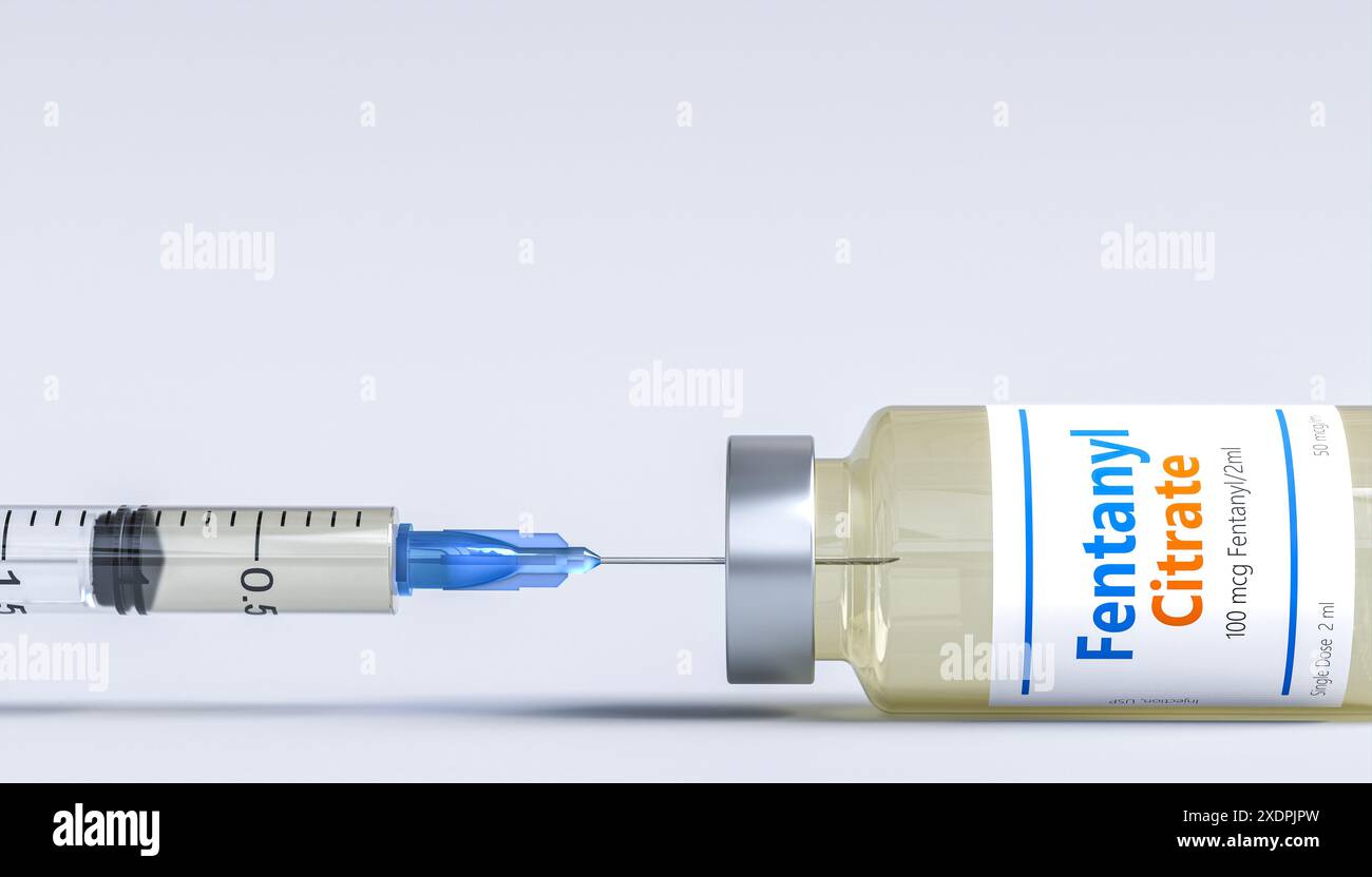 Rappresentazione 3d del concetto di farmaco fentanil citrato del flacone collegato alla siringa Foto Stock