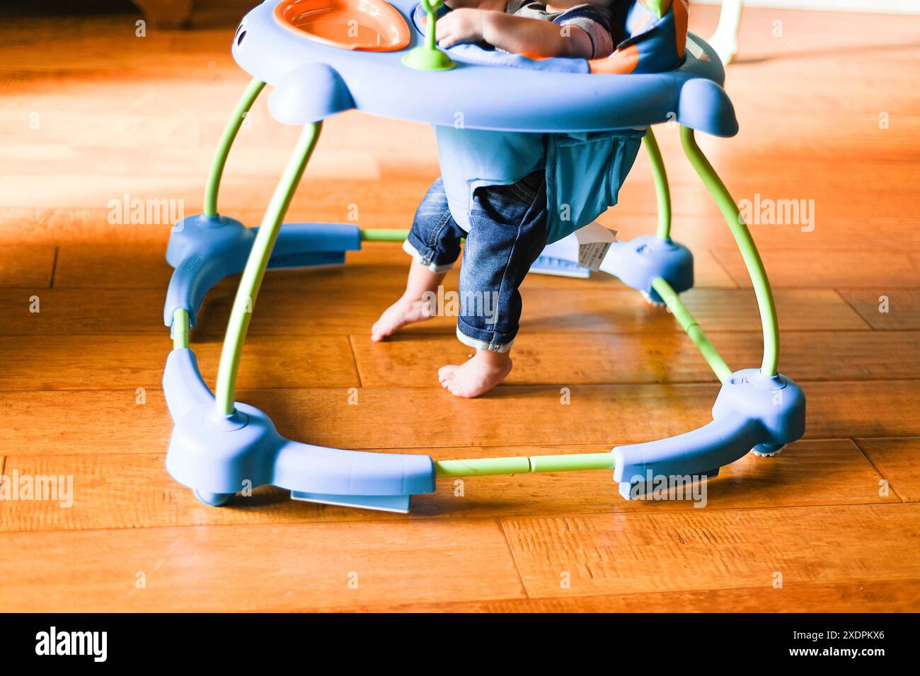 Le gambe del bambino in un camminatore su un pavimento di legno. Foto Stock