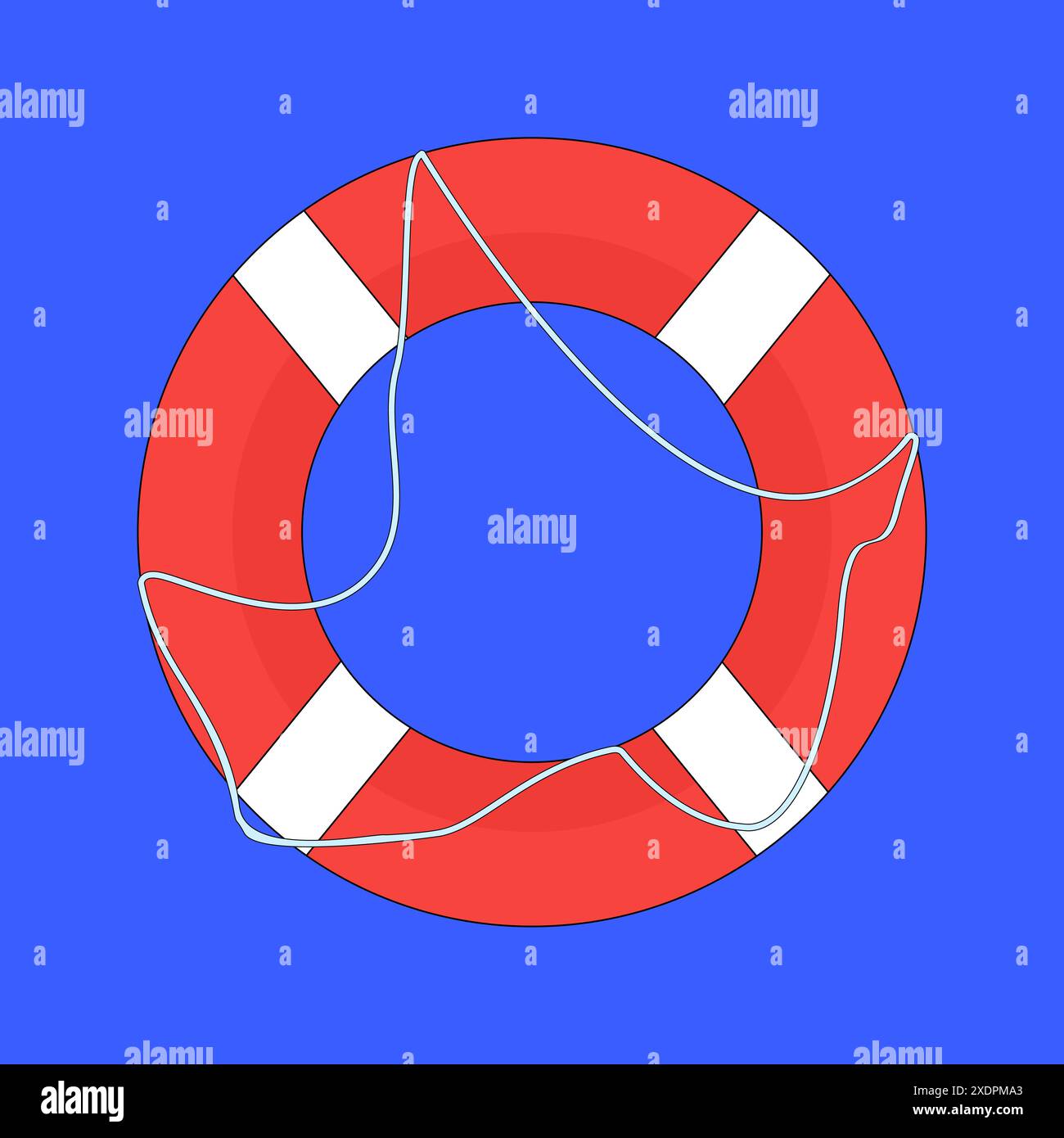 Illustrazione vettoriale di un salvagente con fune su sfondo blu. Ideale per temi di sicurezza, marittimi ed estivi. Illustrazione Vettoriale