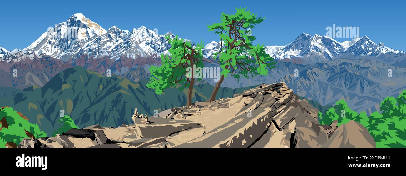 Il monte Dhaulagiri e il picco dell'Annapurna, visti dal passo e dagli alberi di Jaljala, illustrazione vettoriale, le montagne dell'Himalaya del Nepal Illustrazione Vettoriale