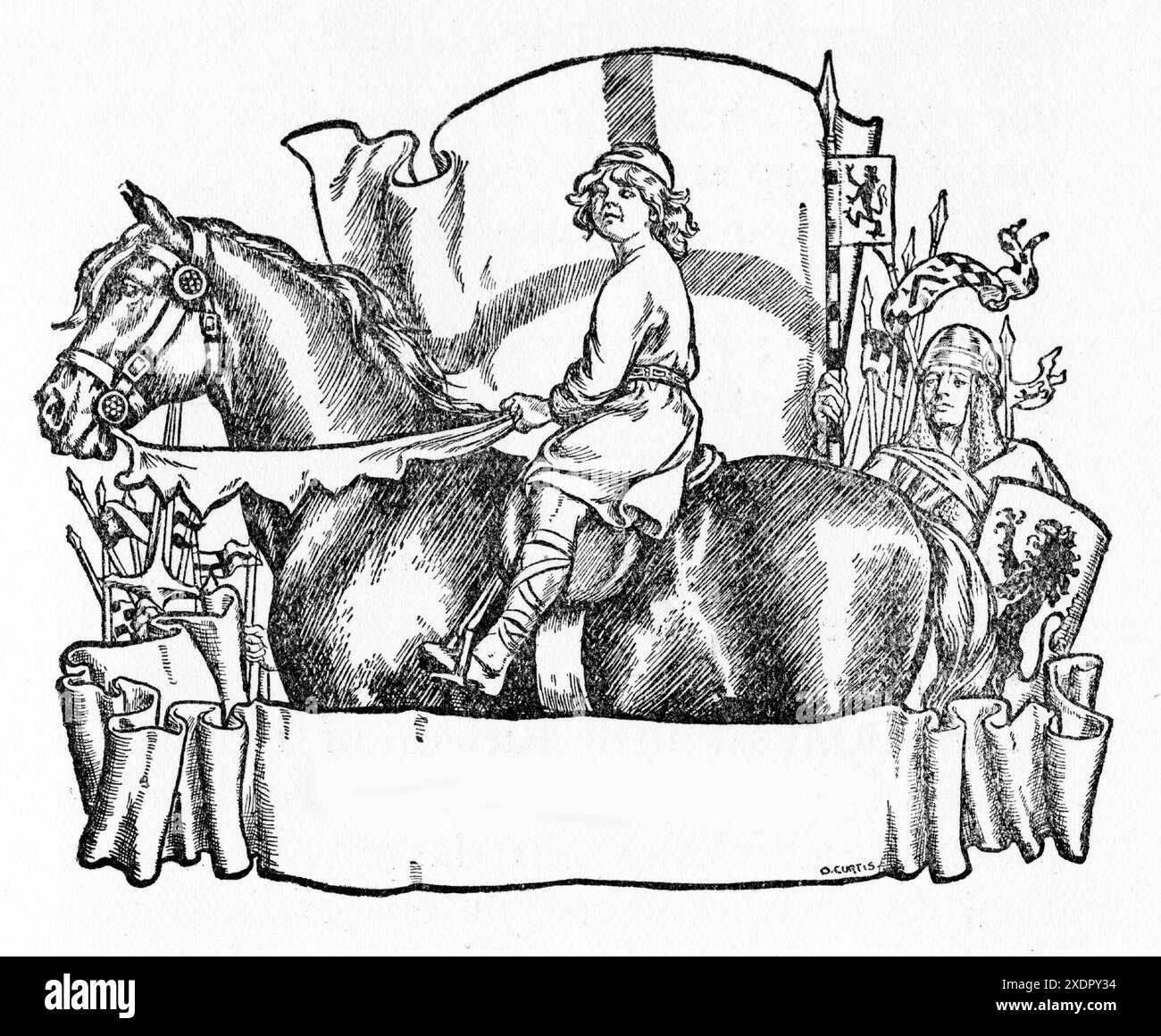 Incisione di un principe medievale senza nome montato sul suo cavallo Foto Stock