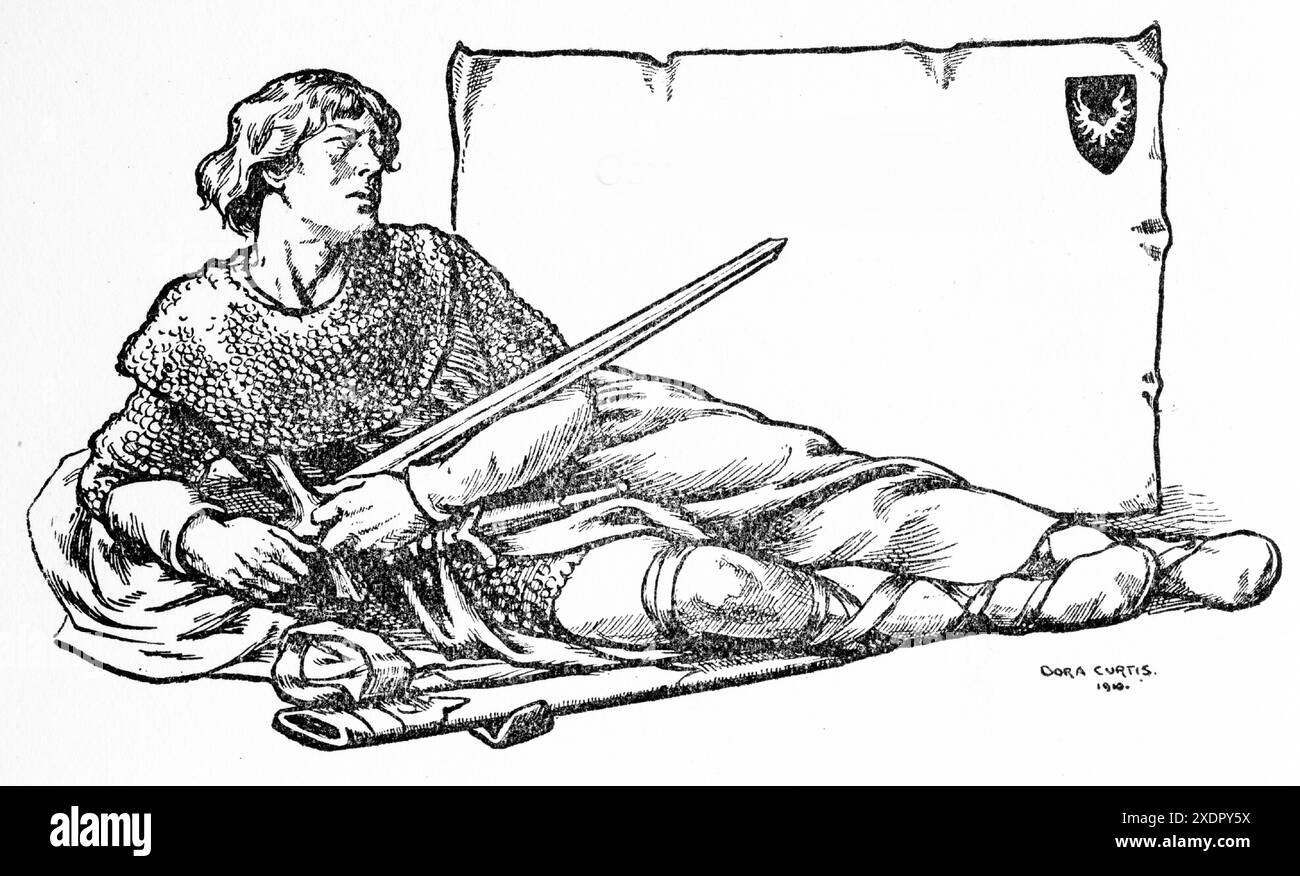 Un'incisione generica di un cavaliere medievale con un grande rotolo vuoto adatto per il testo Foto Stock Un'incisione generica di un cavaliere medievale con un grande rotolo vuoto adatto per il testo Foto Stock