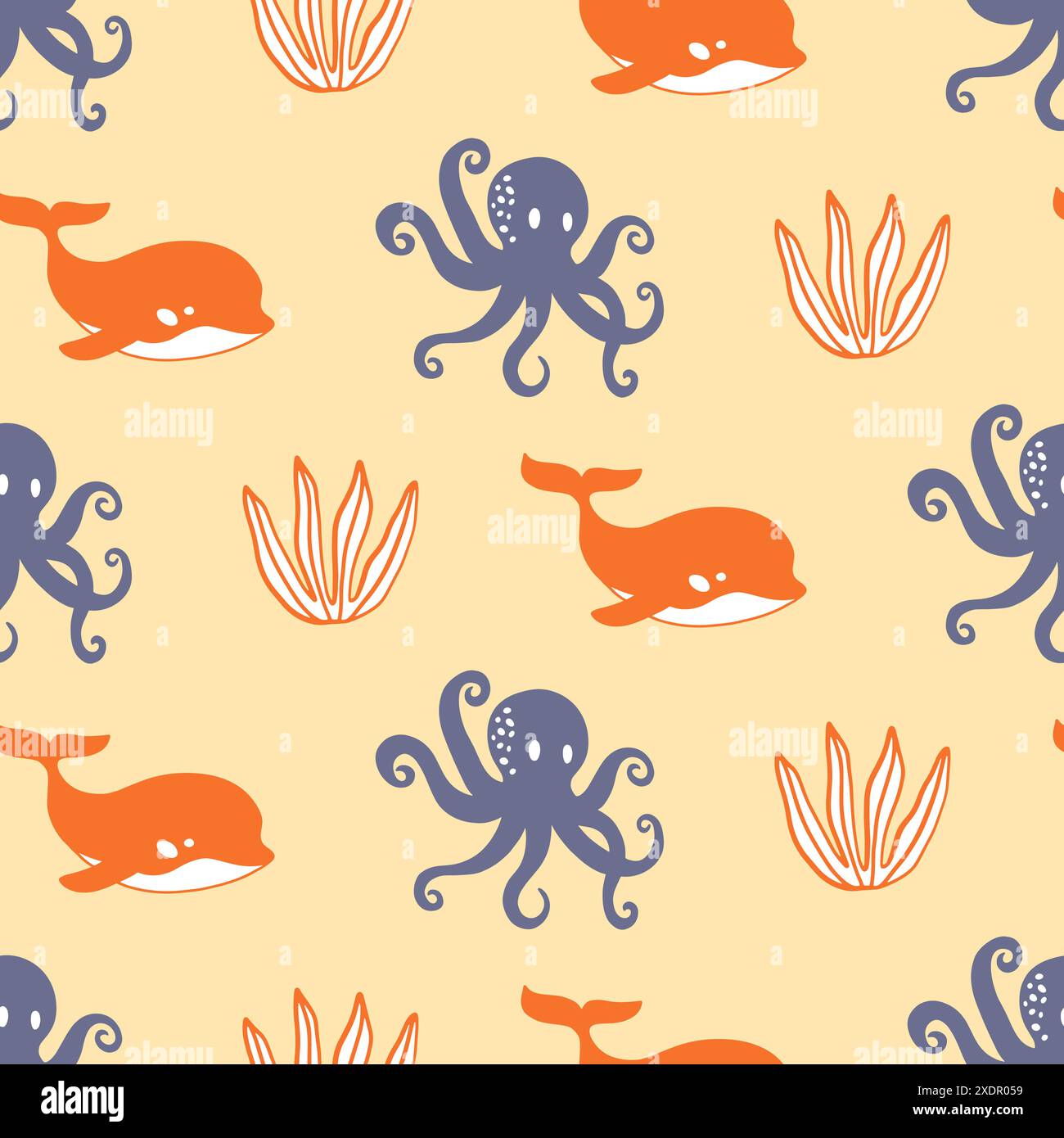 Stampa senza cuciture con motivi di balene e polpi Illustrazione Vettoriale