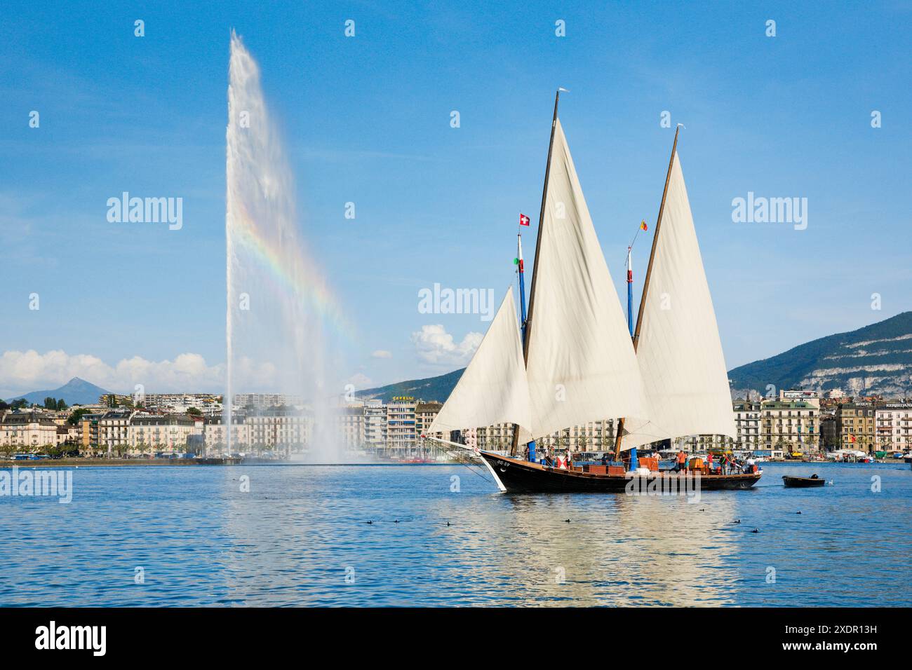 Geografia / viaggi, Svizzera, il Jet d'eau, punto di riferimento del bacino del lago di Ginevra, USO NON ESCLUSIVO PER BIGLIETTI-AUGURI-BIGLIETTI-CARTOLINE-CARTOLINE Foto Stock