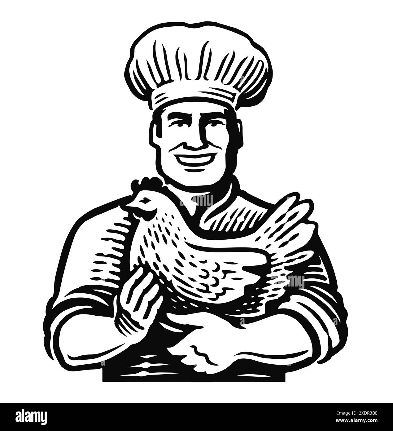 Lo chef felice in cappello tiene in mano l'uccello di pollo. Emblema e logo food concept. Illustrazione vettoriale in bianco e nero Illustrazione Vettoriale