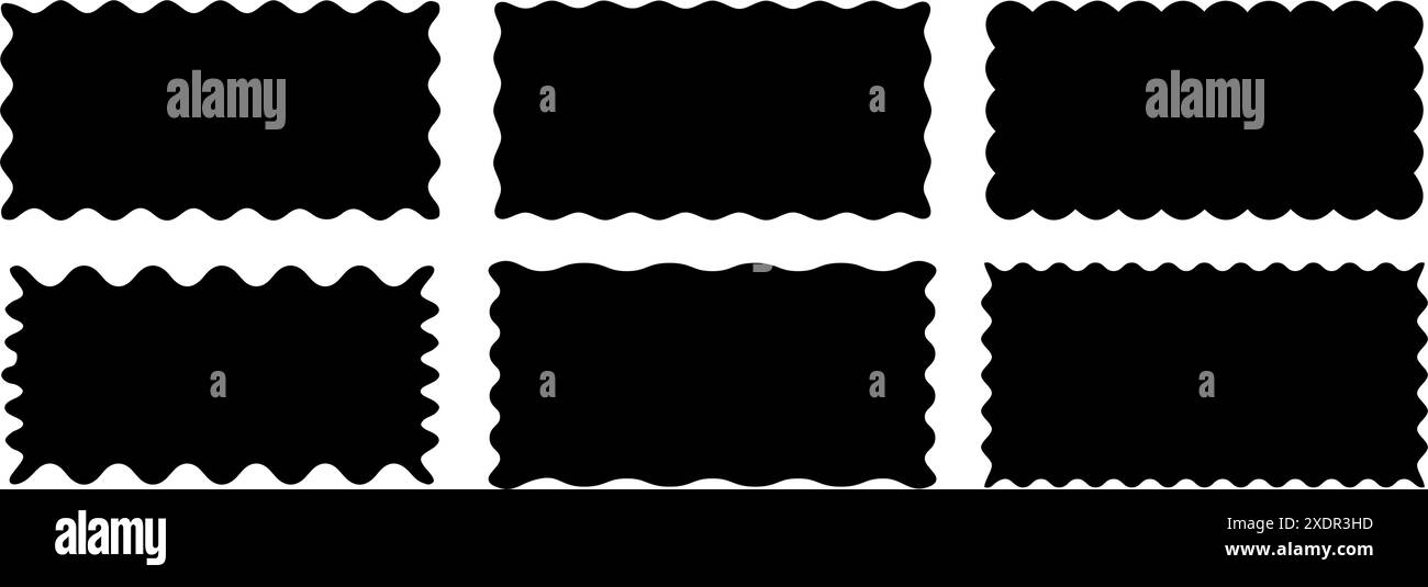 Set di cornici rettangolari con bordo zigzag. Forme rettangolari zigzag irregolari. Rettangolo frastagliato. Elementi isolati per la progettazione di caselle di testo, badge, b Illustrazione Vettoriale