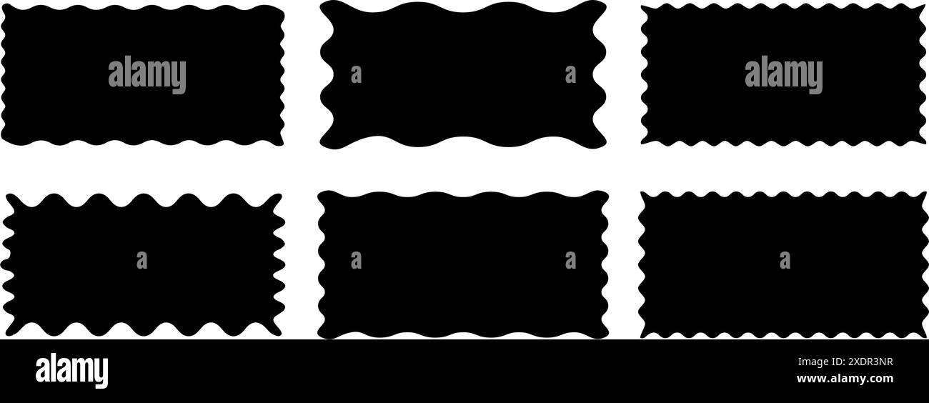 Set di cornici rettangolari con bordo zigzag. Forme rettangolari zigzag irregolari. Rettangolo frastagliato. Elementi isolati per la progettazione di caselle di testo, badge, b Illustrazione Vettoriale