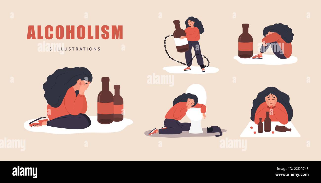 Concetto di alcolismo. Set di personaggi femminili depressi con dipendenza da alcol. Concetto di alcol. Abitudini pericolose. Persone che soffrono di alcolismo duro Illustrazione Vettoriale