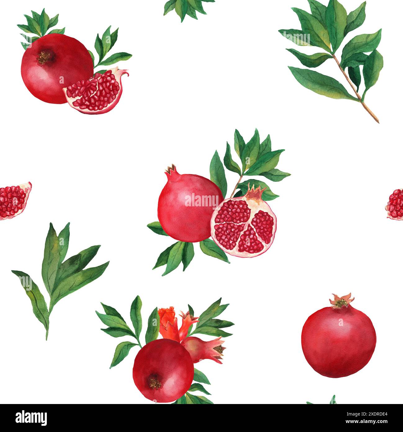 Motivo senza cuciture con melograni e foglie. Illustrazione ad acquerello fatta a mano su sfondo bianco. Per l'imballaggio di carta, tessuto, carta da parati, imballaggi Foto Stock