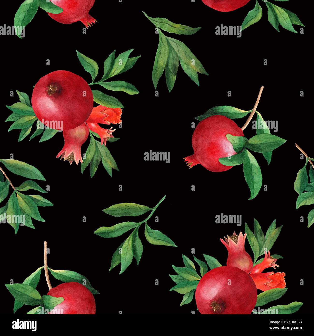 Motivo senza cuciture con melograni, fiori e foglie. Illustrazione ad acquerello fatta a mano su sfondo nero. Per carta da imballaggio, tessuto, carta da parati, Foto Stock