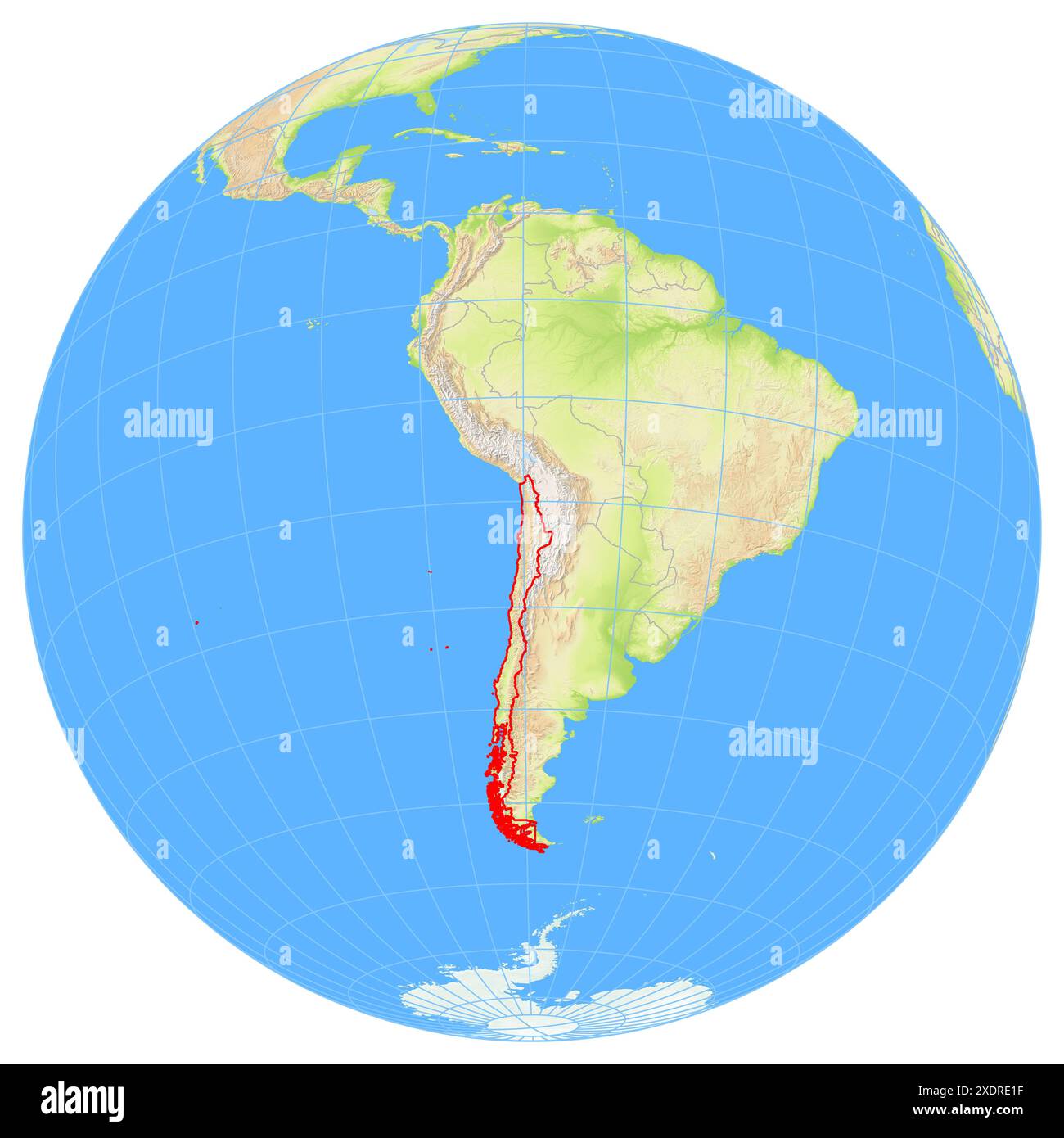 Vista della Terra dallo spazio che mostra la posizione del paese Cile in Sud America. Il paese viene evidenziato con un poligono rosso. Piccolo paese Foto Stock