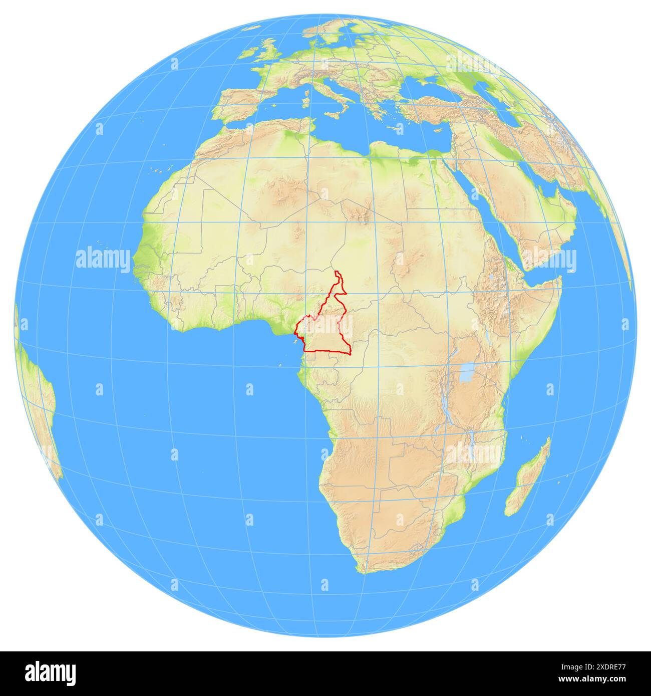 Vista della Terra dallo spazio che mostra la posizione del paese Camerun in Africa. Il paese viene evidenziato con un poligono rosso. I piccoli paesi ar Foto Stock