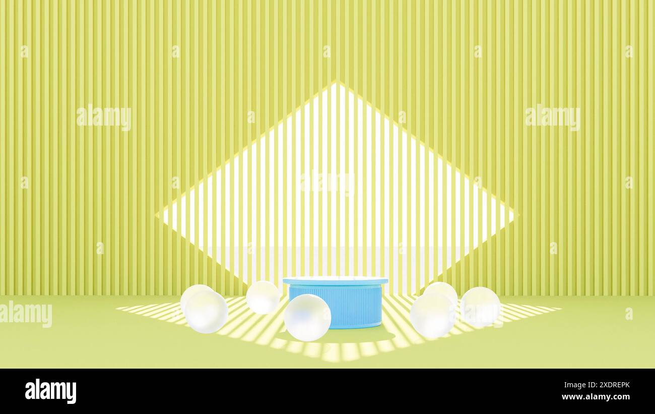 Cilindro con piattaforma blu su sfere in vetro da parete gialle con rendering 3d. Foto Stock