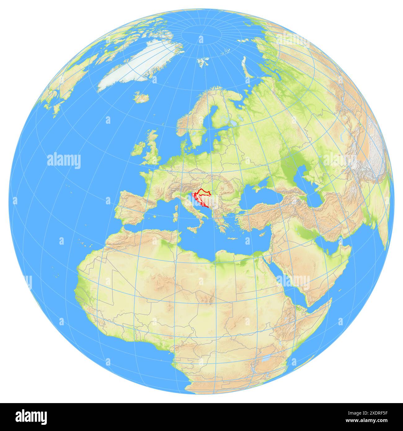 Vista della Terra dallo spazio che mostra la posizione del paese Croazia in Europa. Il paese viene evidenziato con un poligono rosso. I paesi piccoli lo sono Foto Stock