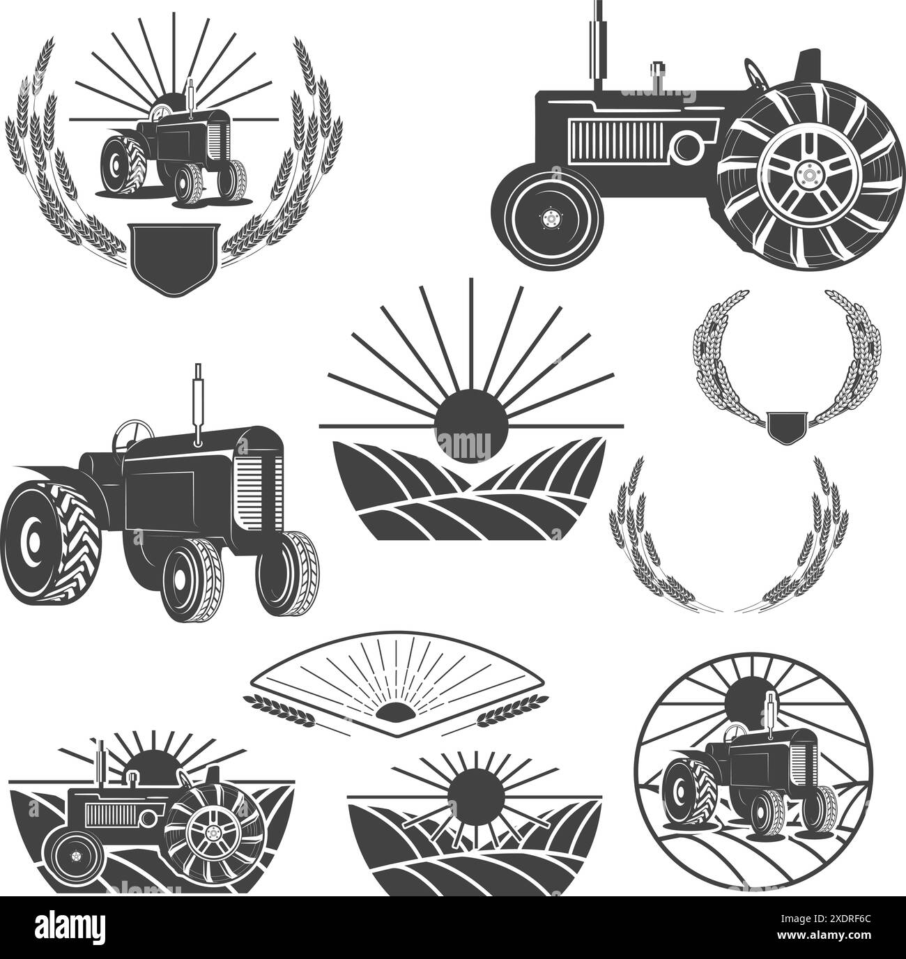 Set di modelli di logo aziendali ed elementi di design per il settore agricolo. corona di grano, trattore, raccolta agricoltori. Elementi di progettazione nel vettore. Illustrazione Vettoriale