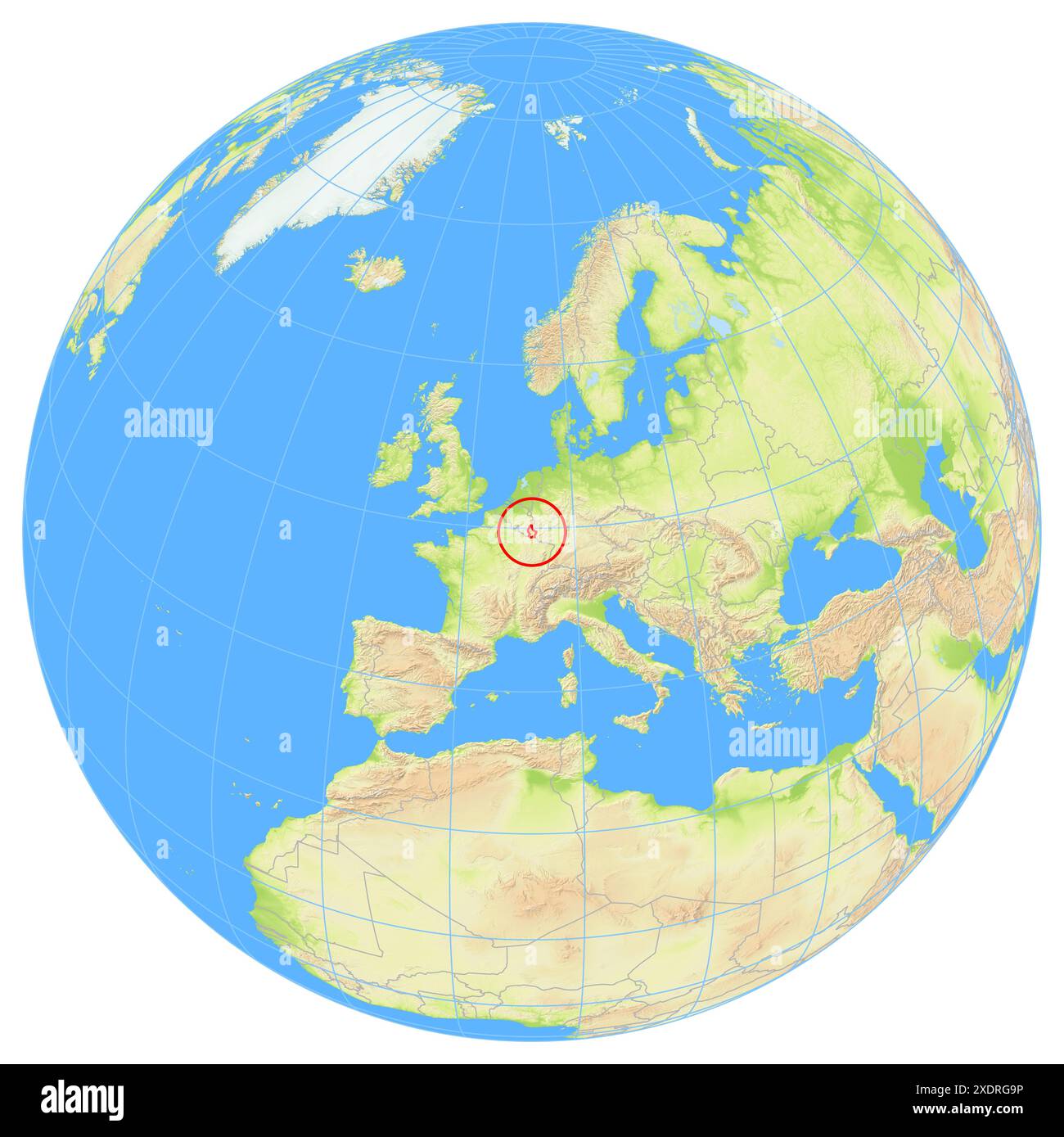 Vista della Terra dallo spazio che mostra la posizione del paese Lussemburgo in Europa. Il paese viene evidenziato con un poligono rosso. Paesi piccoli Foto Stock
