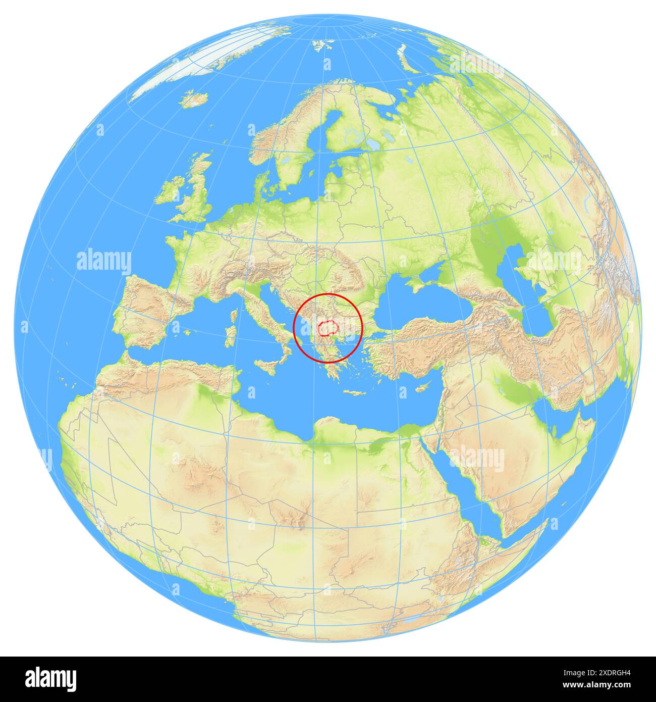 Vista della Terra dallo spazio che mostra la posizione del paese della Macedonia del Nord in Europa. Il paese viene evidenziato con un poligono rosso. Piccolo conteggio Foto Stock