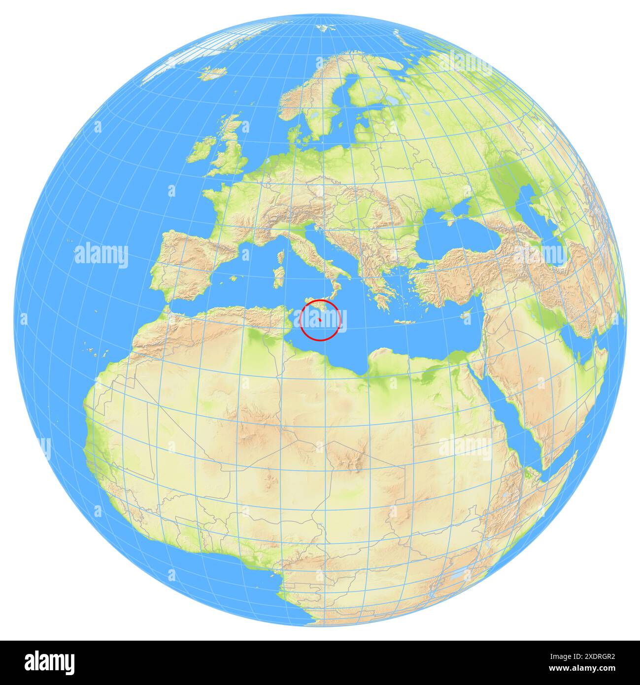 Vista della Terra dallo spazio che mostra la posizione del paese Malta in Europa. Il paese viene evidenziato con un poligono rosso. I paesi piccoli sono a Foto Stock