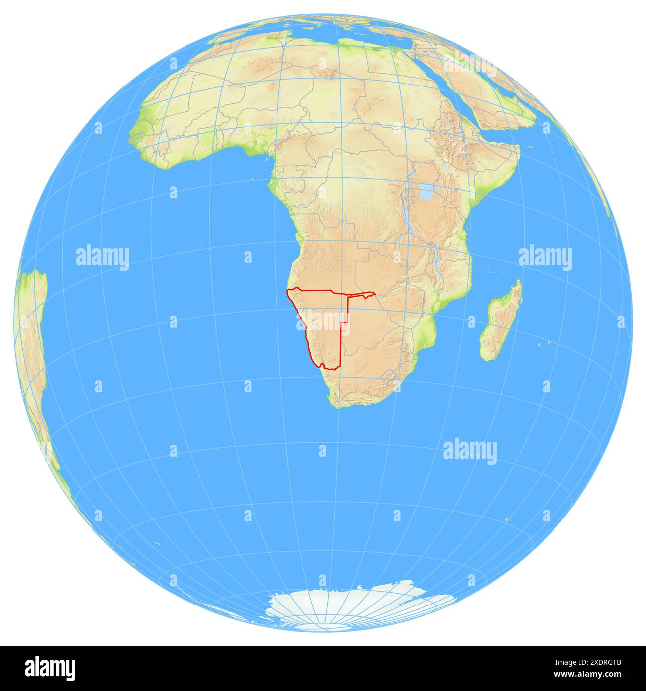 Vista della Terra dallo spazio che mostra la posizione del paese Namibia in Africa. Il paese viene evidenziato con un poligono rosso. I paesi piccoli lo sono Foto Stock