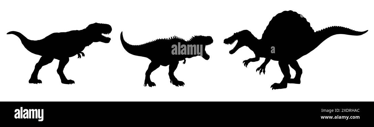Silhouette nera di dinosauri carnivori. Tyrannosaurus rex, Tarbosaurus e Spinosaurus. Foto Stock
