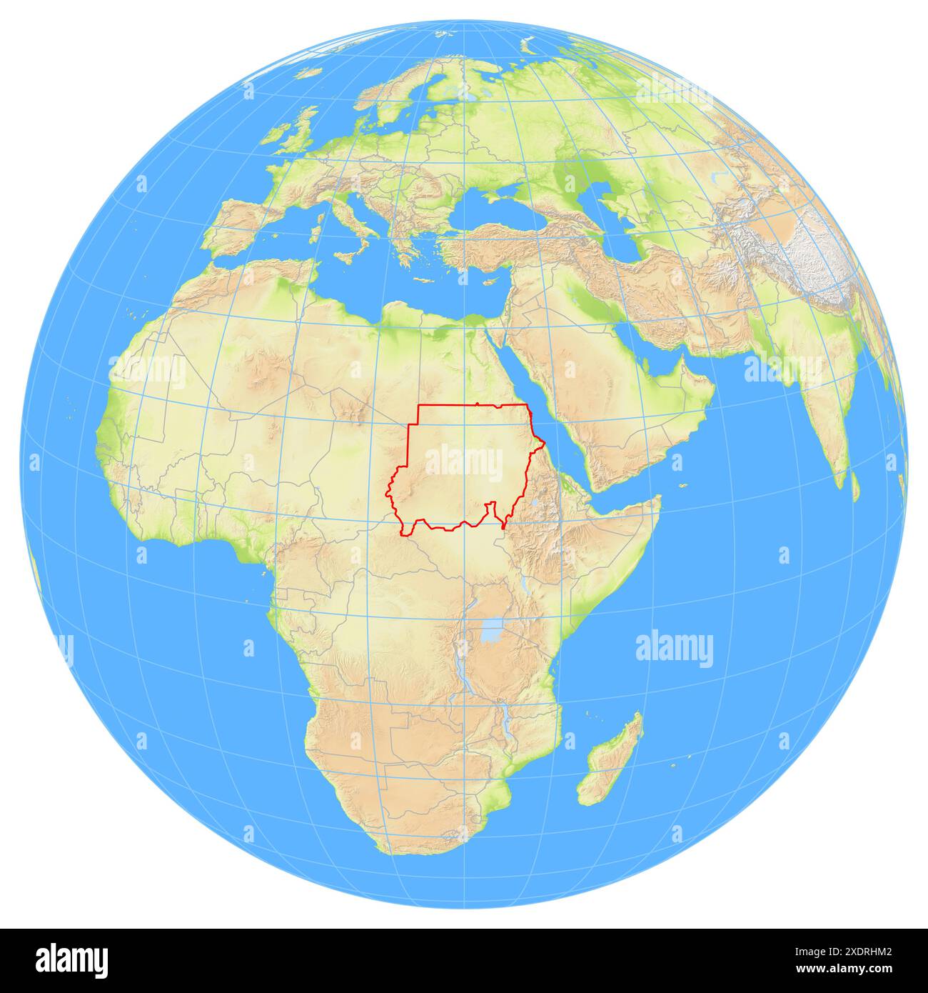 Vista della Terra dallo spazio che mostra la posizione del paese Sudan in Africa. Il paese viene evidenziato con un poligono rosso. I paesi piccoli sono a Foto Stock