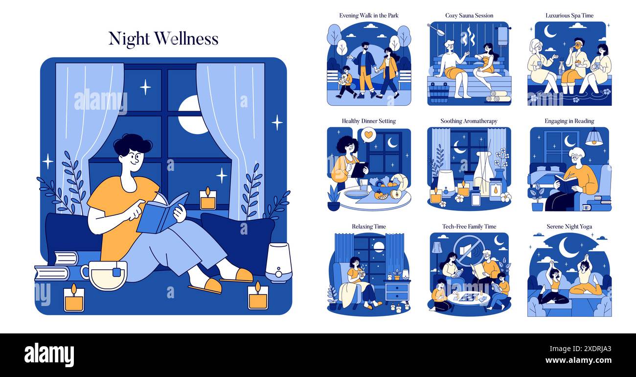 Set benessere notturno. Attività rilassanti serali per la salute e il comfort. Passeggiate in famiglia, aromaterapia, lettura, spa, sauna, e illustrazioni di yoga. Illustrazione vettoriale. Illustrazione Vettoriale