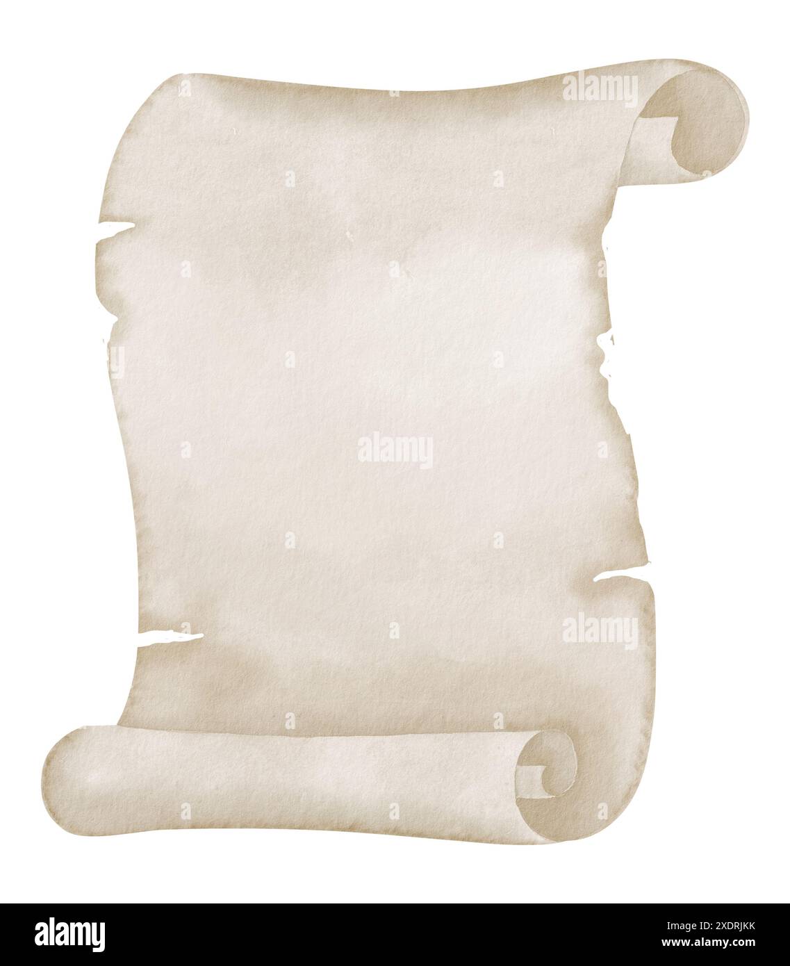 Antico nastro di papiro ad acquerello. Illustrazione disegnata a mano di scorrimento. Disegno di un manoscritto vintage vuoto per il testo. Modello con striscione retrò nei colori pastello beige e marrone. Carta in rotoli. Foto Stock