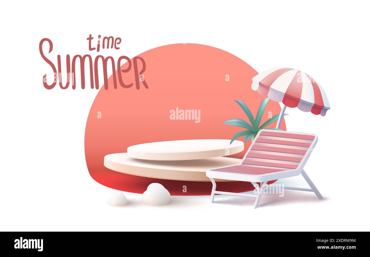 Vendita banner estate, ombrellone con lettino per il relax, scenario di vacanza al mare. Vettore Illustrazione Vettoriale