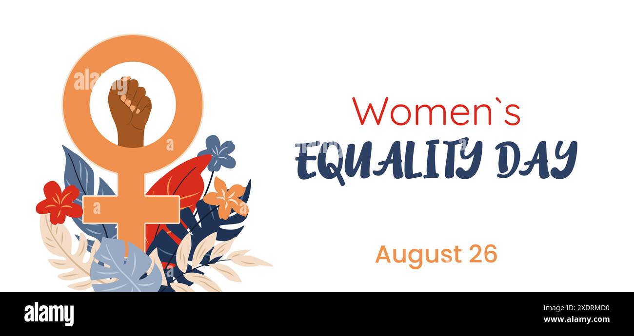 Striscione per il giorno dell'uguaglianza femminile con il simbolo di Venere. Illustrazione Vettoriale