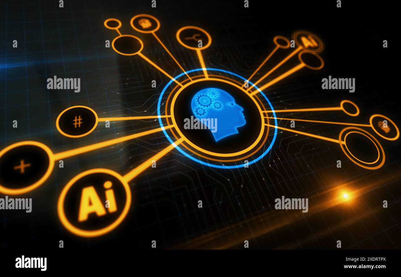 Concetto digitale simbolo di apprendimento automatico dell'intelligenza artificiale A capo dell'intelligenza artificiale. Rete, segnale informatico e icona astratta di sfondo del computer 3d illus Foto Stock