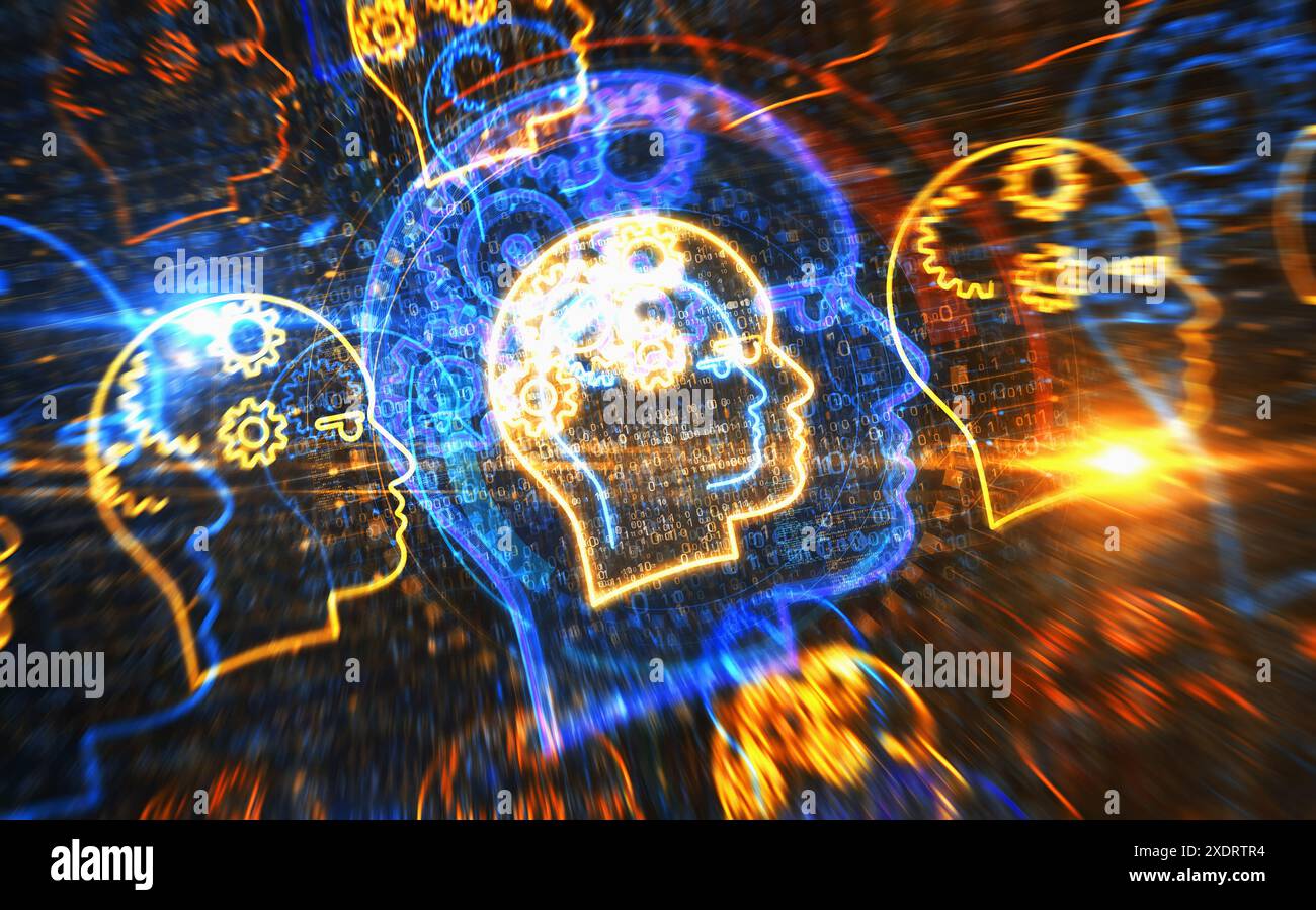 Concetto digitale simbolo di apprendimento automatico dell'intelligenza artificiale A capo dell'intelligenza artificiale. Rete, segnale informatico e icona astratta di sfondo del computer 3d illus Foto Stock