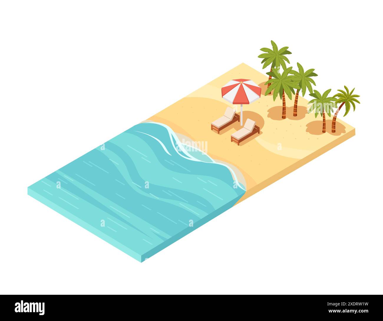 Vista isometrica di una spiaggia di sabbia tropicale con lettini sotto un ombrellone, palme, illustrazione vettoriale isolata su sfondo bianco. Illustrazione Vettoriale