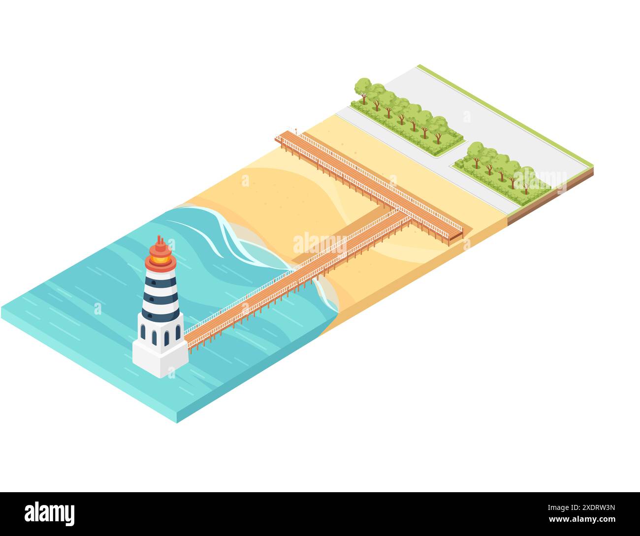 Vista isometrica dell'ingresso alla spiaggia dal lato del parco, spiaggia di sabbia con illustrazione vettoriale del faro isolata su sfondo bianco. Illustrazione Vettoriale