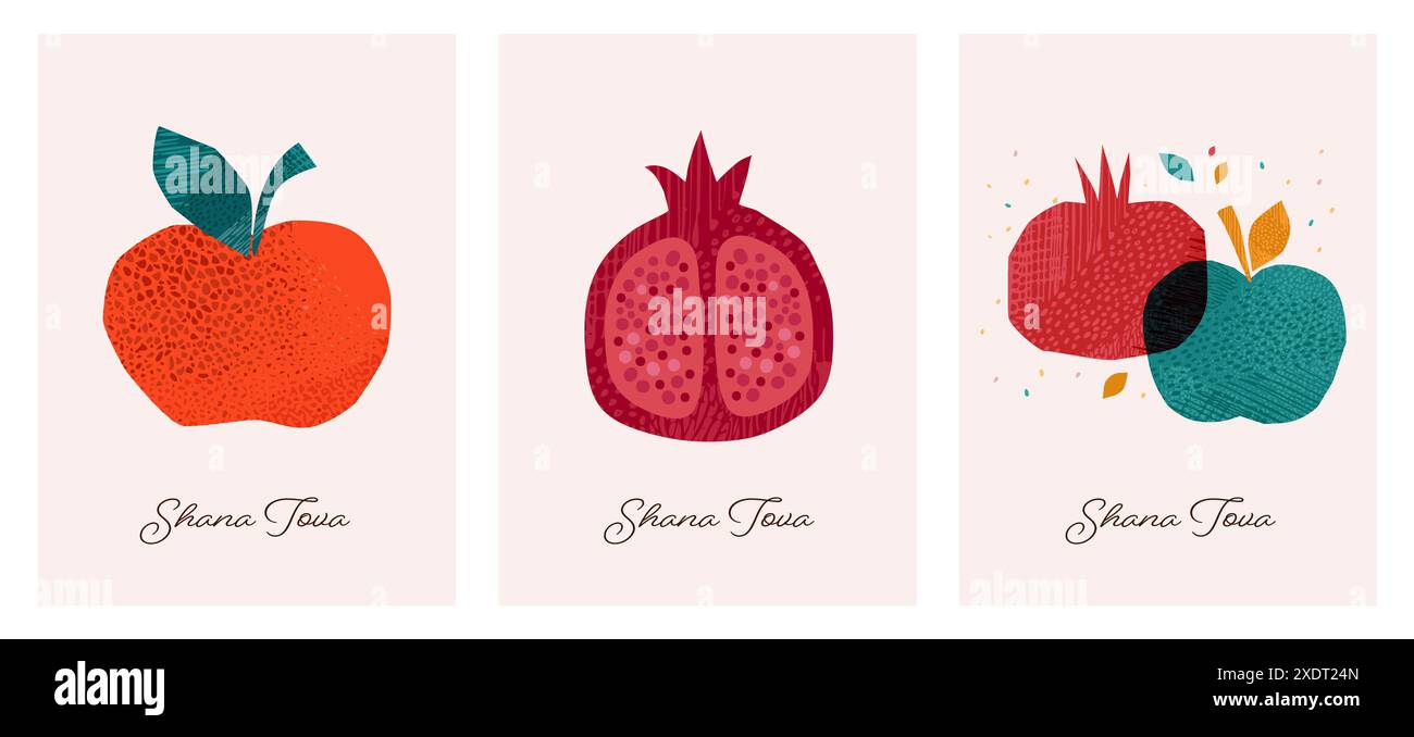 Rosh Hashanah, Rosh Hashana, Capodanno ebraico. Illustrazioni disegnate a mano, design vettoriale. Mele e melograno, simboli e icone del Capodanno ebraico Illustrazione Vettoriale