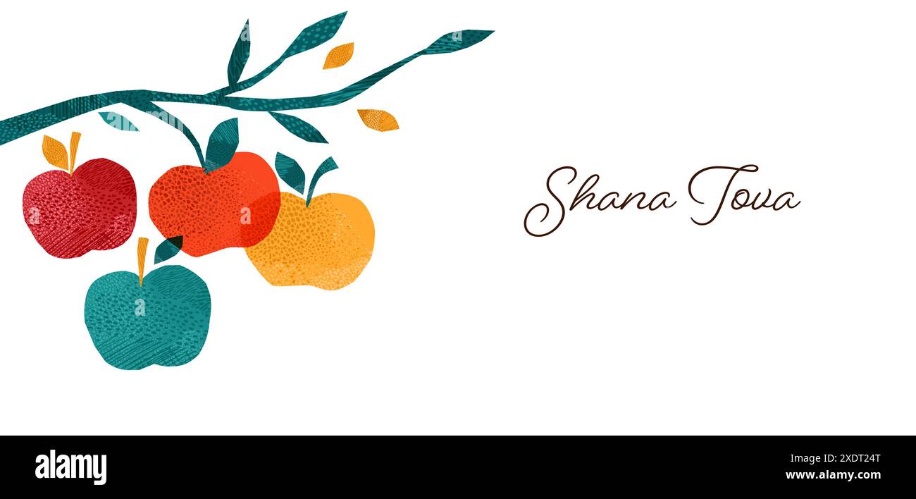 Rosh Hashanah, Rosh Hashana, Capodanno ebraico. Illustrazioni disegnate a mano, design vettoriale. Mele e melograno, simboli e icone del Capodanno ebraico Illustrazione Vettoriale