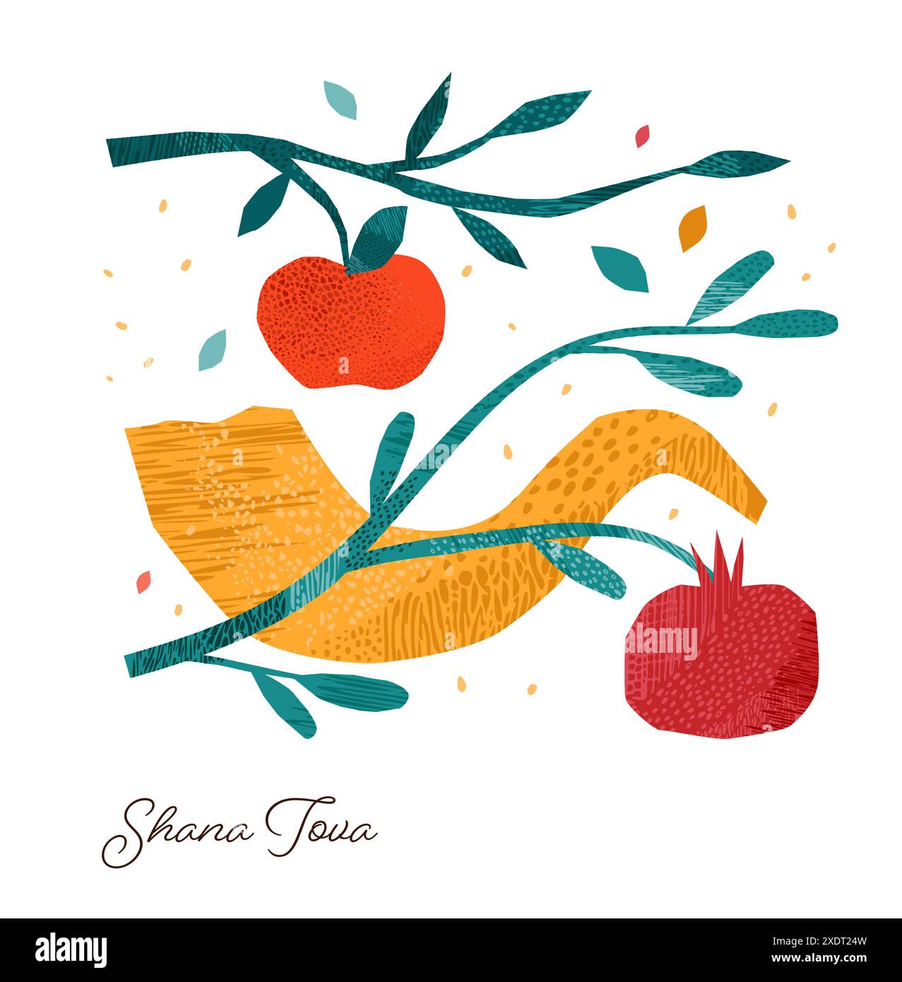 Rosh Hashanah, Rosh Hashana, Capodanno ebraico. Illustrazioni disegnate a mano, design vettoriale. Mele e melograno, simboli e icone del Capodanno ebraico Illustrazione Vettoriale