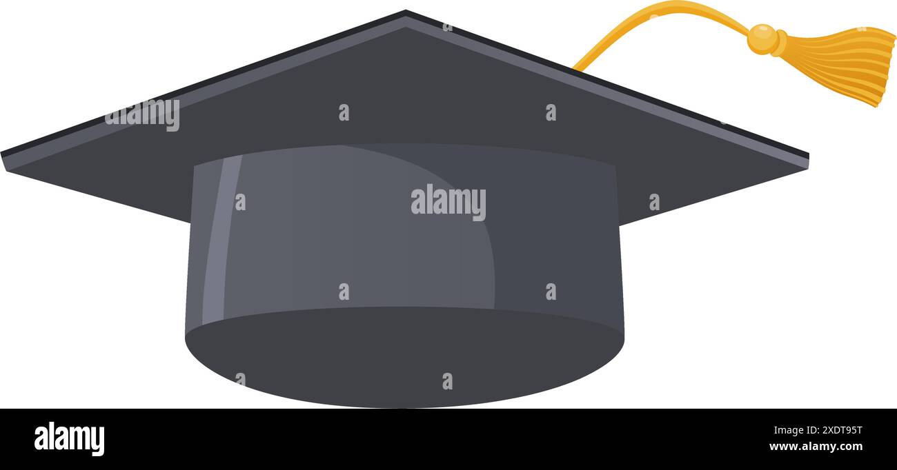 Cappuccio graduato in posizione dinamica. Copricapo tradizionale per la cerimonia di laurea. Abbigliamento accademico per un college, una scuola superiore o un laureato. Illustrazione Vettoriale
