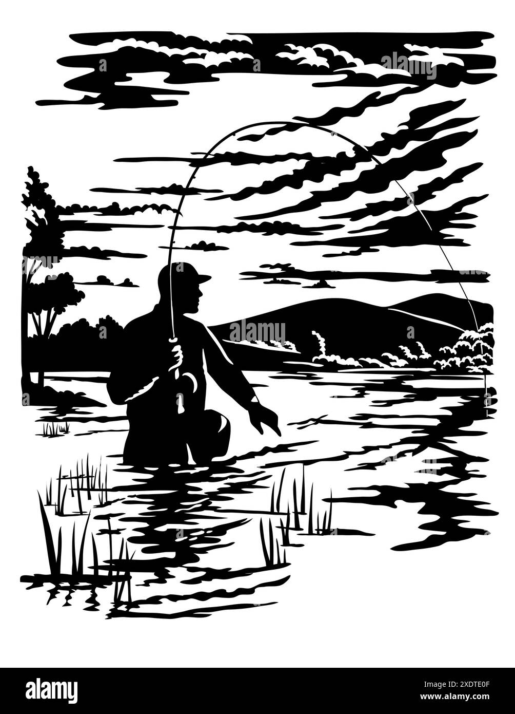 Illustrazione svizzera di scherenschnitte o forbici tagliate con sagoma di un pescatore pescatore pescatore pescatore pesca a mosca nel Rock Creek situato a Missoula e Granite Coun Illustrazione Vettoriale