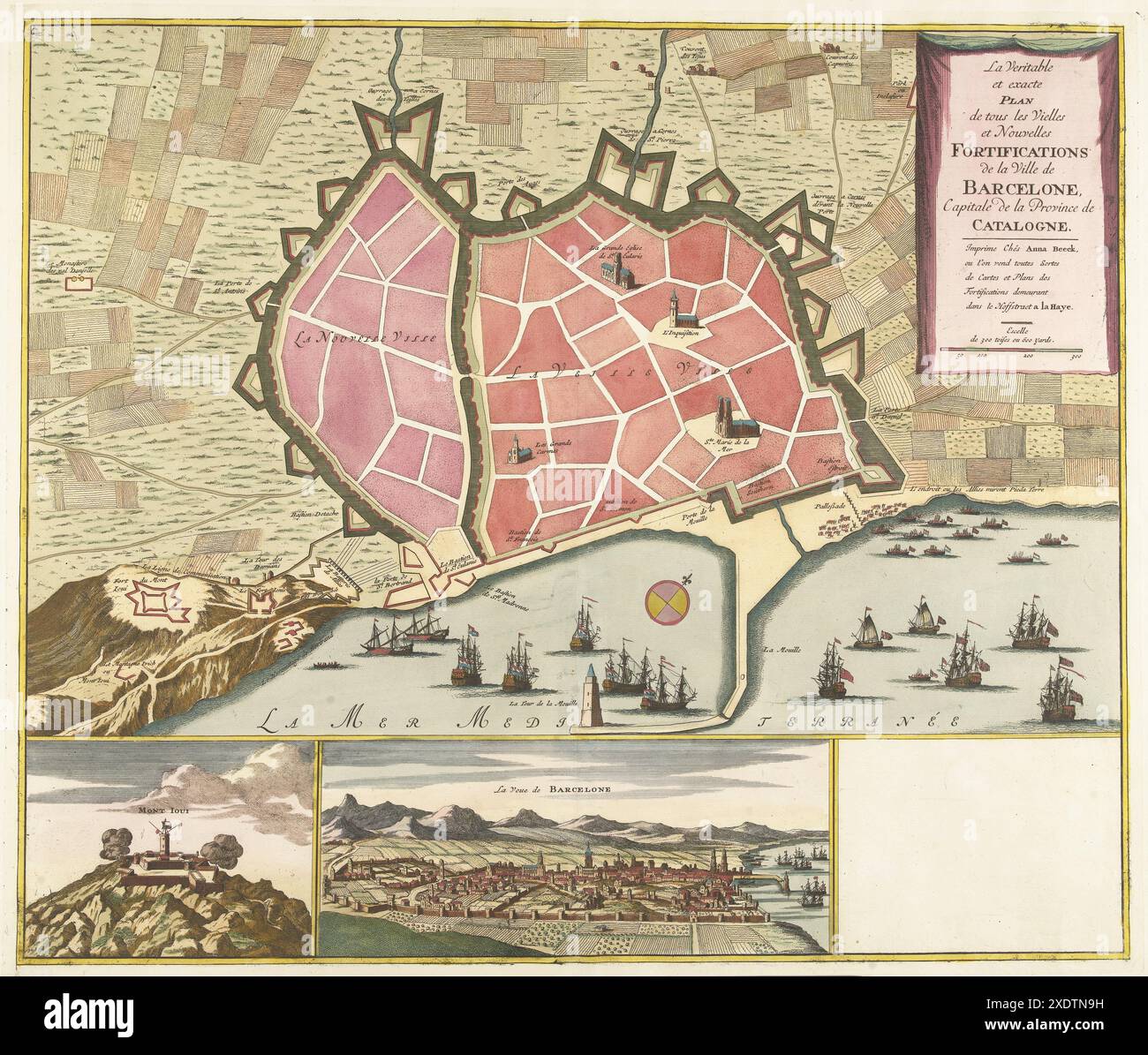 Mappa pittorica d'epoca delle fortificazioni di Barcellona. Catalogna, Spagna. Editore: Anna Beeck 1706 Foto Stock