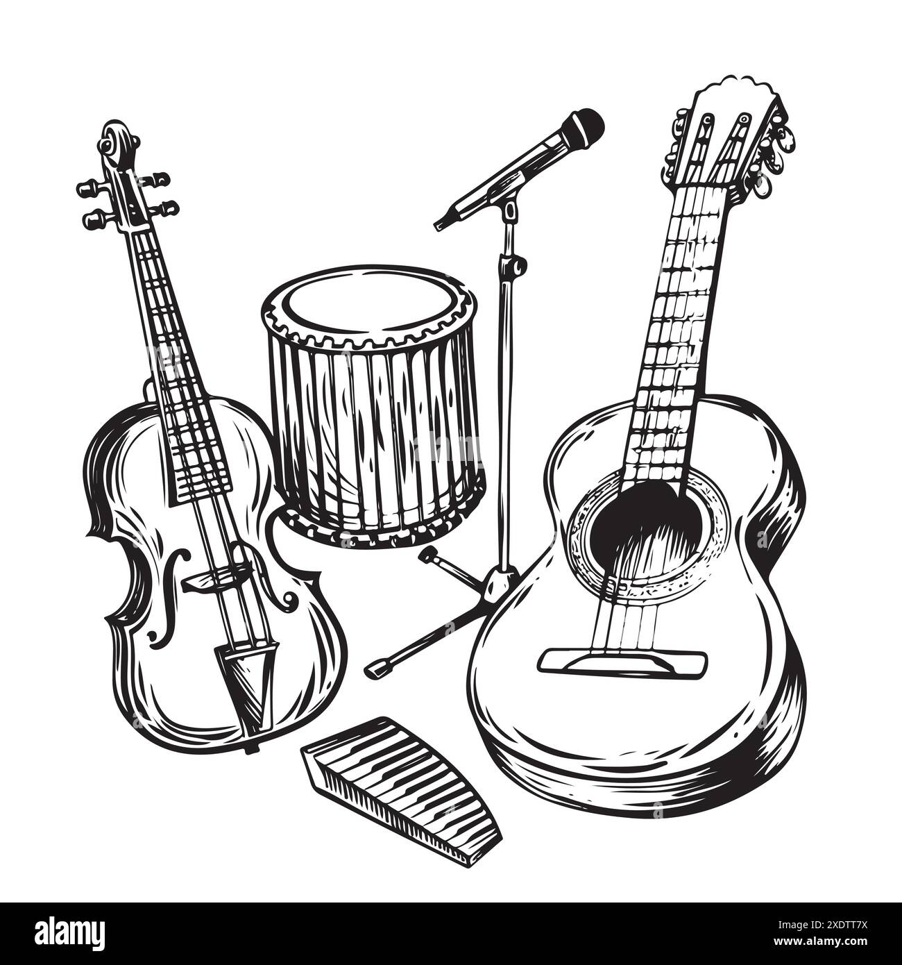 Set di strumenti musicali disegnati a mano. Illustrazione vettoriale stile inchiostro su sfondo bianco Illustrazione Vettoriale