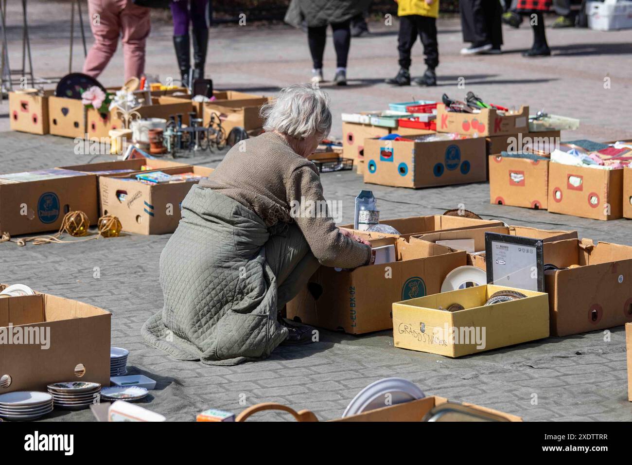 Donna dai capelli grigi che sfoglia scatole di cartone di articoli usati al mercato delle pulci pop-up all'aperto del Dallapé Park nel quartiere Vallila di Helsinki, Finlandia Foto Stock