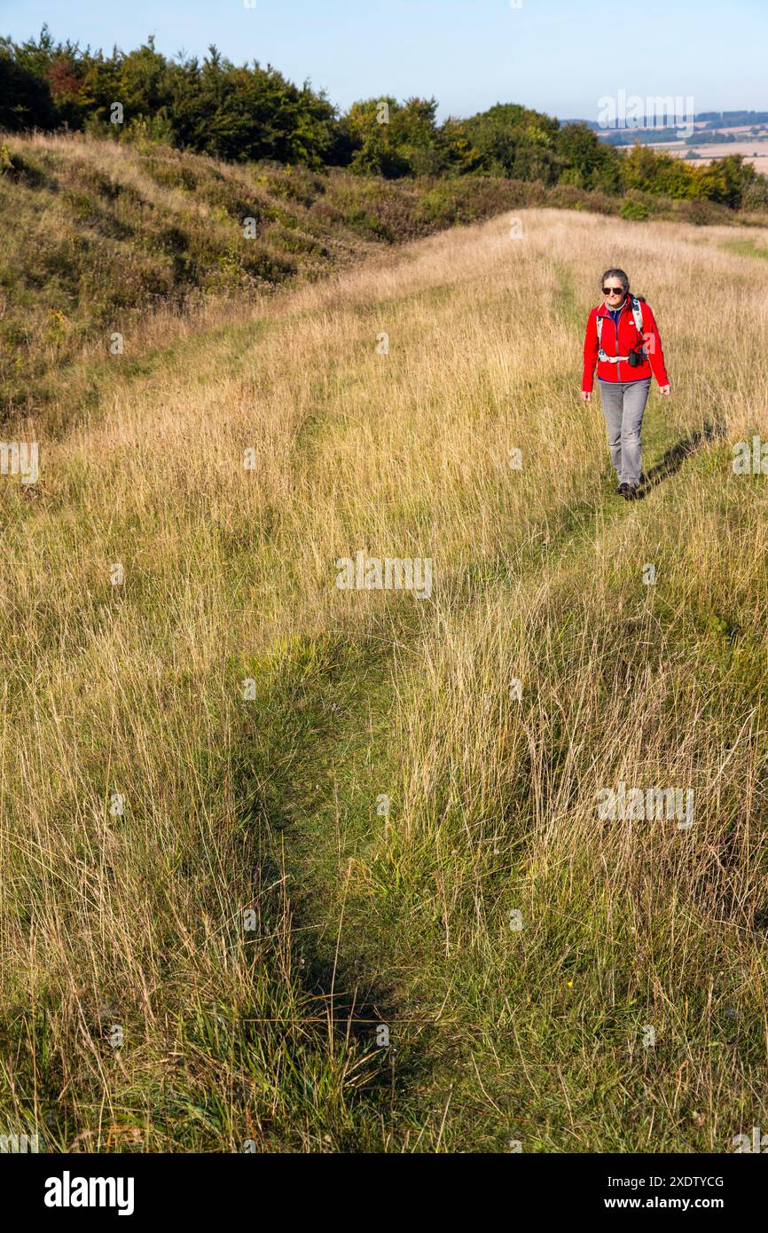 Walker on Bokerley Dyke on Martin Down National Nature Reserve, Hampshire, Regno Unito Foto Stock