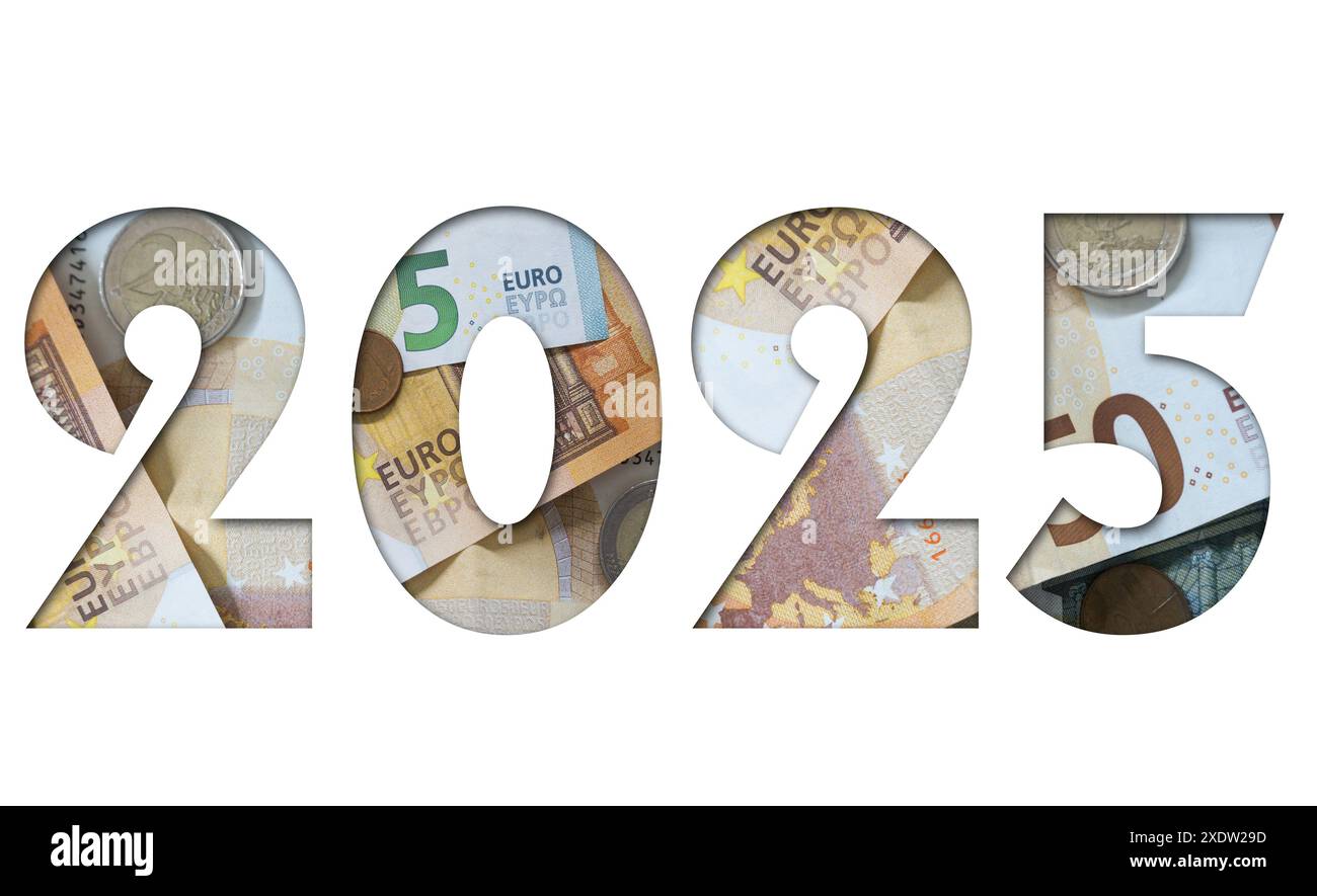 Anno 2025 con il concetto di Euro, denaro europeo, Business o Collage finanziario Foto Stock