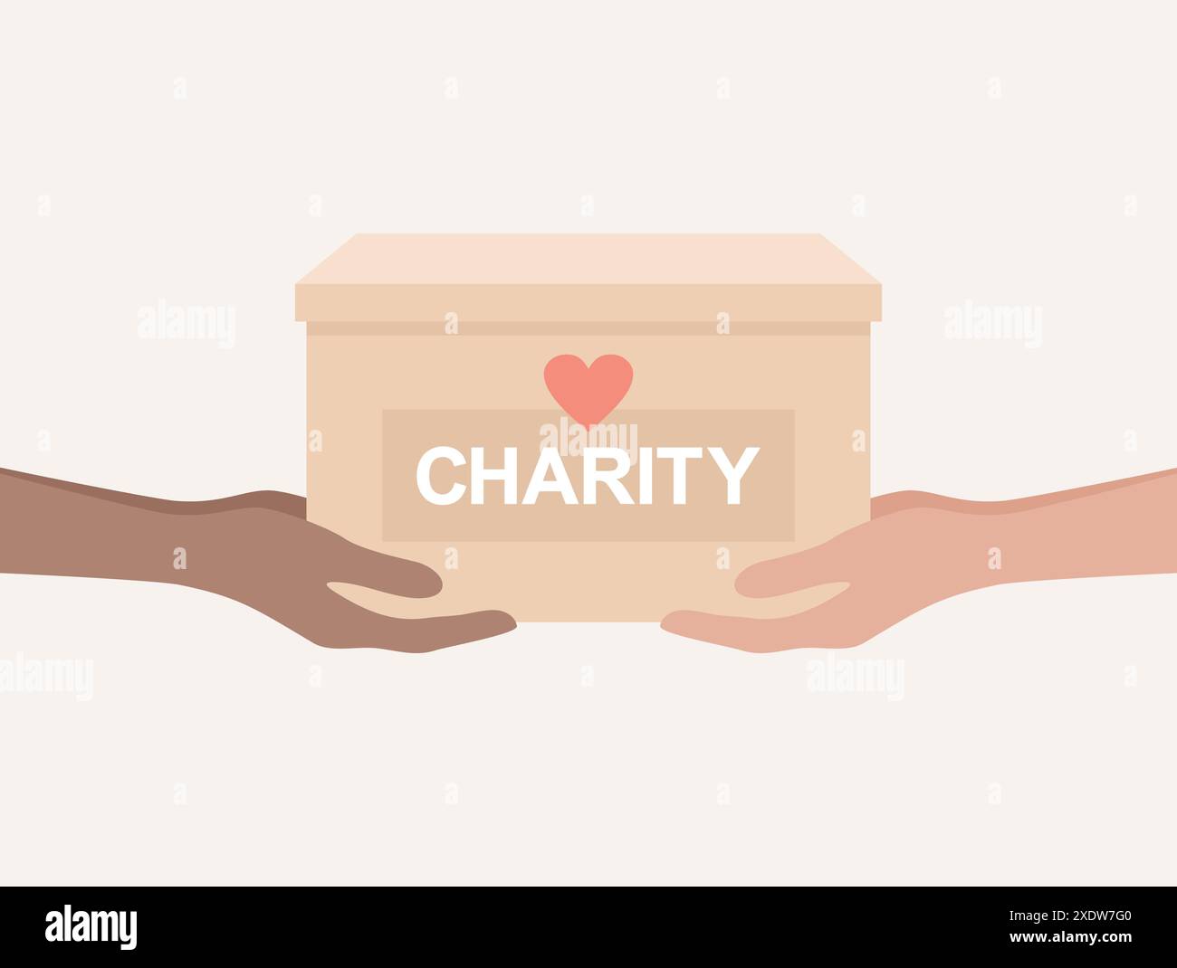 Un paio di mani che consegnano una scatola di aiuti di beneficenza ad un altro. Illustrazione vettoriale piatta Illustrazione Vettoriale