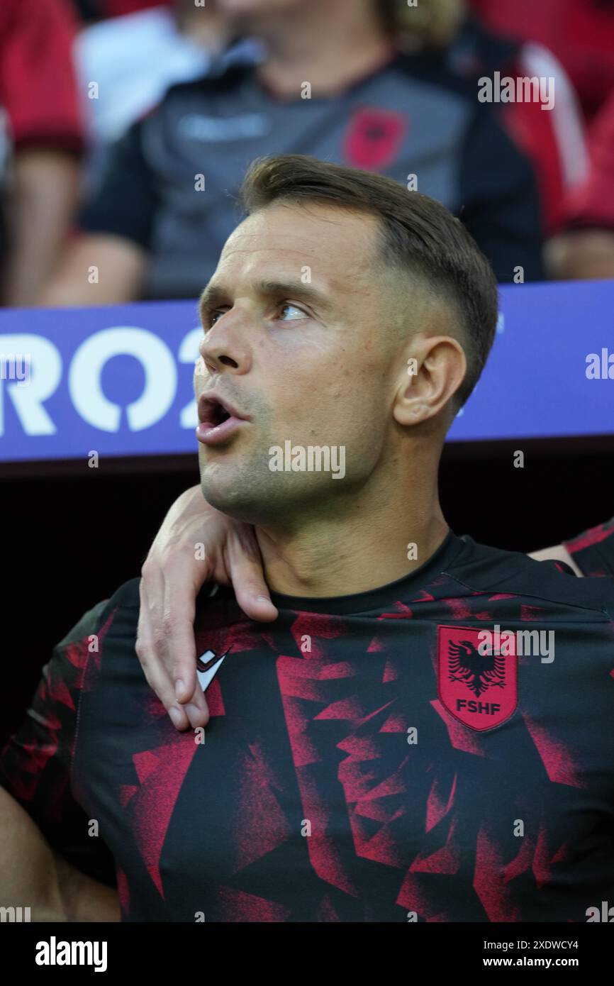 Dusseldorf, Germania. 24 giugno 2024. Abrashi dell'Albania durante la partita di calcio EURO 2024 del gruppo B tra Albania e Spagna il 24 giugno 2024 all'Arena Dusseldorf, Dusseldorf, Germania. Crediti: Nderim Kaceli/Alamy Live News Foto Stock