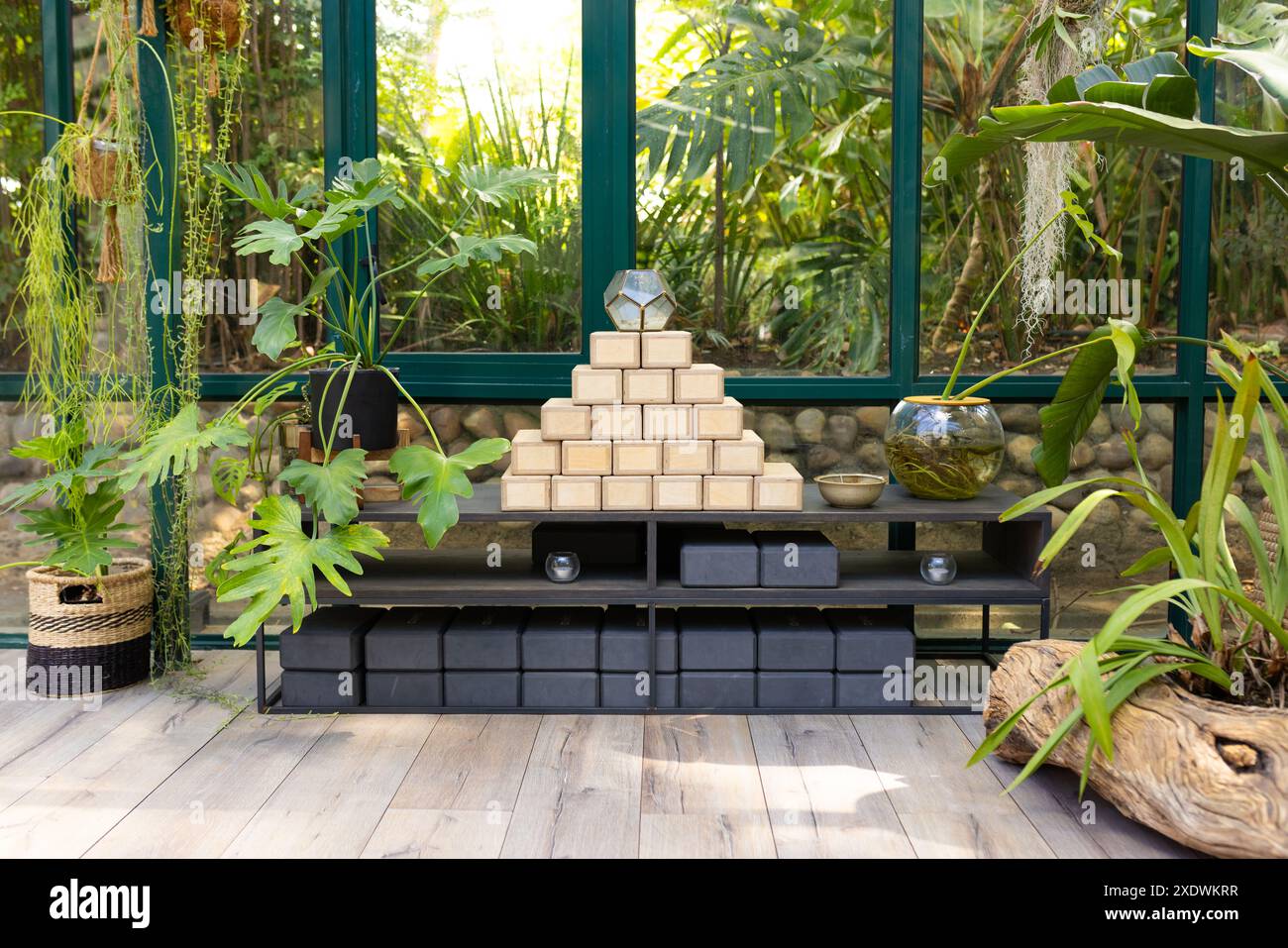 Studio di yoga con blocchi impilati e piante, creando un ambiente sereno per la pratica, copia spazio Foto Stock